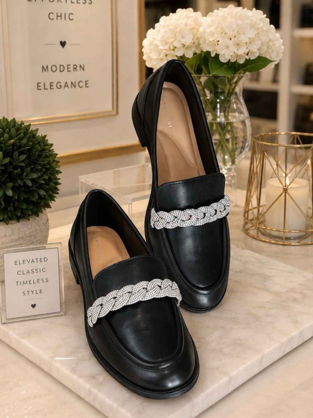 Gianni Bini Bristow Black Leather Rhinestone Braided Loafers Sparkly Size 6.5
